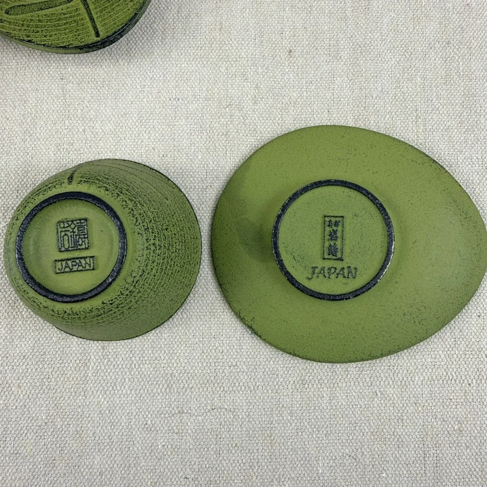 Set of 5 Japanese Cast Iron Dragonfly Tea Cups and Saucers Green Enamel Lining